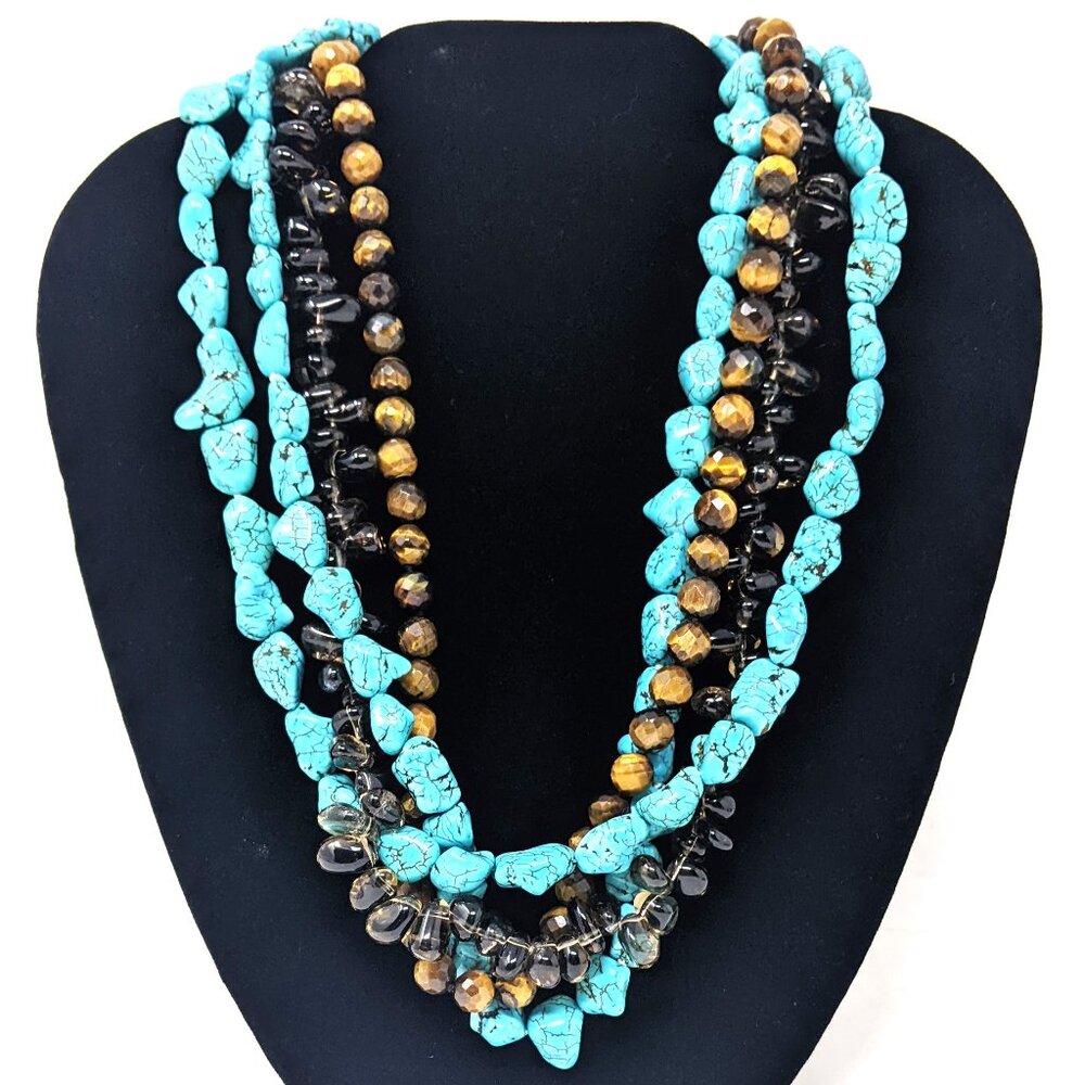 J. Crew Southwestern Turquoise Tiger Eye Multi Strand Necklace Statement Chunky